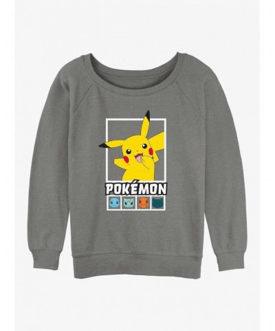Cheap Sale Pokemon Battle Lineup Pikachu, Squirtle, Bulbasaur, Charmander, & Snorlax Girls Slouchy Sweatshirt $7.75 Sweatshirts