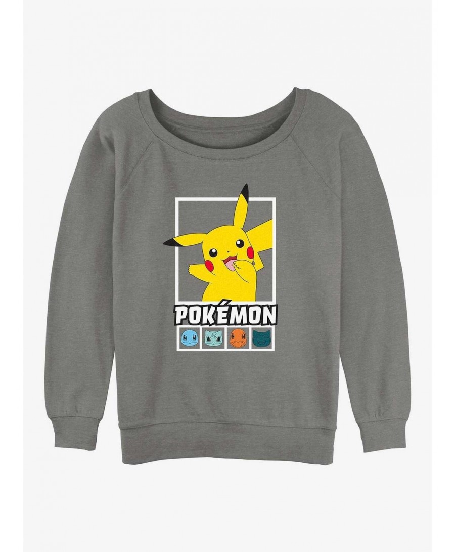 Cheap Sale Pokemon Battle Lineup Pikachu, Squirtle, Bulbasaur, Charmander, & Snorlax Girls Slouchy Sweatshirt $7.75 Sweatshirts