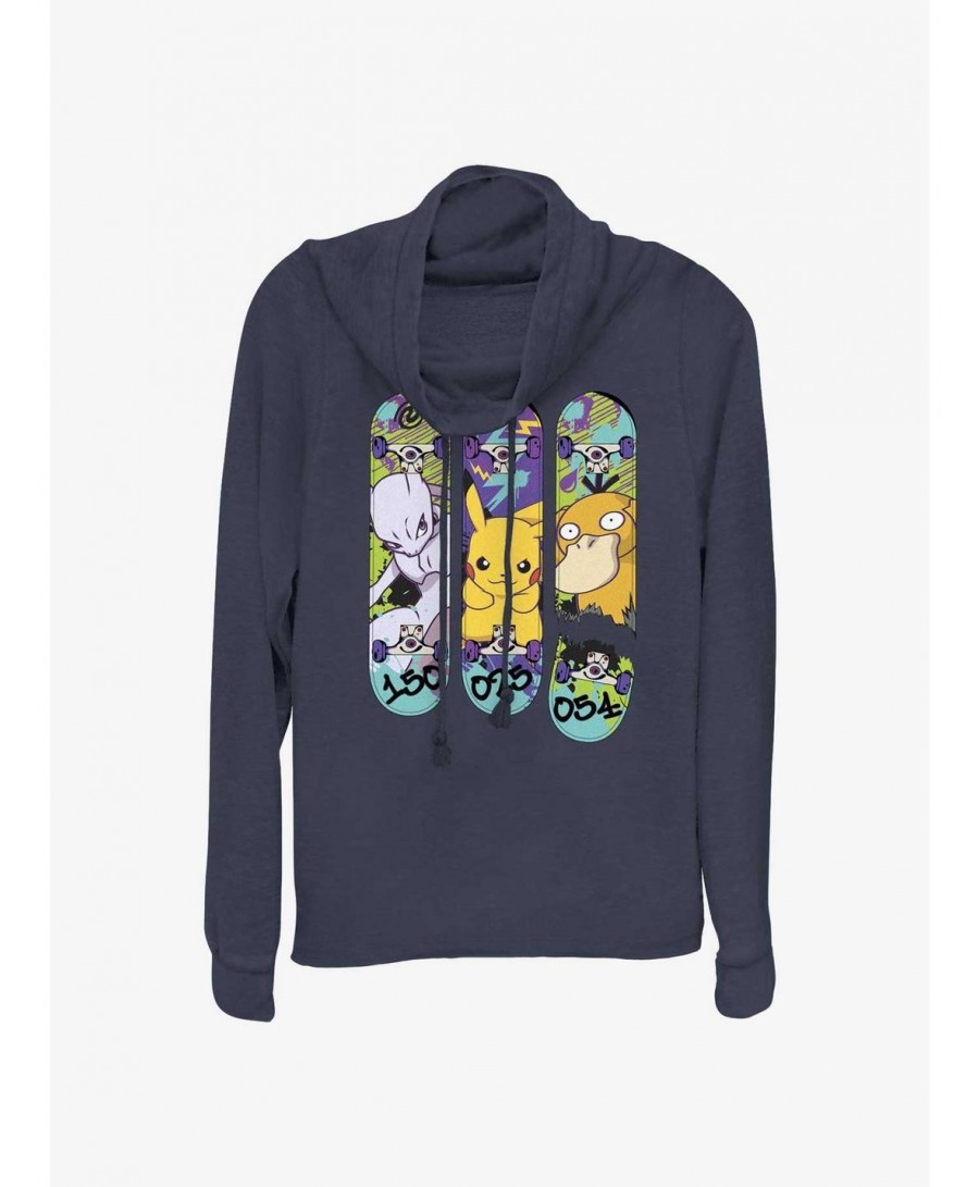 Exclusive Pokemon Mewtwo, Pikachu, and Psyduck Skateboard Deck Art Long-Sleeve Cowl Neck Top $9.43 Tops