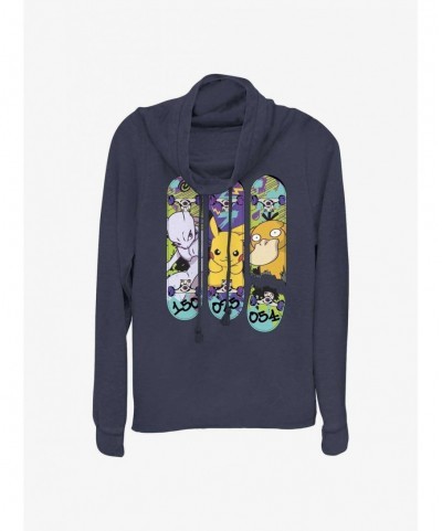 Exclusive Pokemon Mewtwo, Pikachu, and Psyduck Skateboard Deck Art Long-Sleeve Cowl Neck Top $9.43 Tops