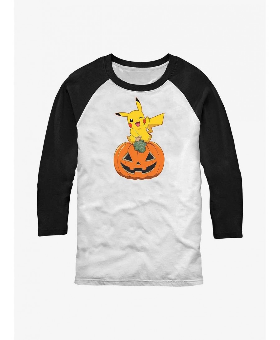 Flash Sale Pokemon Pikachu Pumpkin Raglan T-Shirt $12.43 T-Shirts