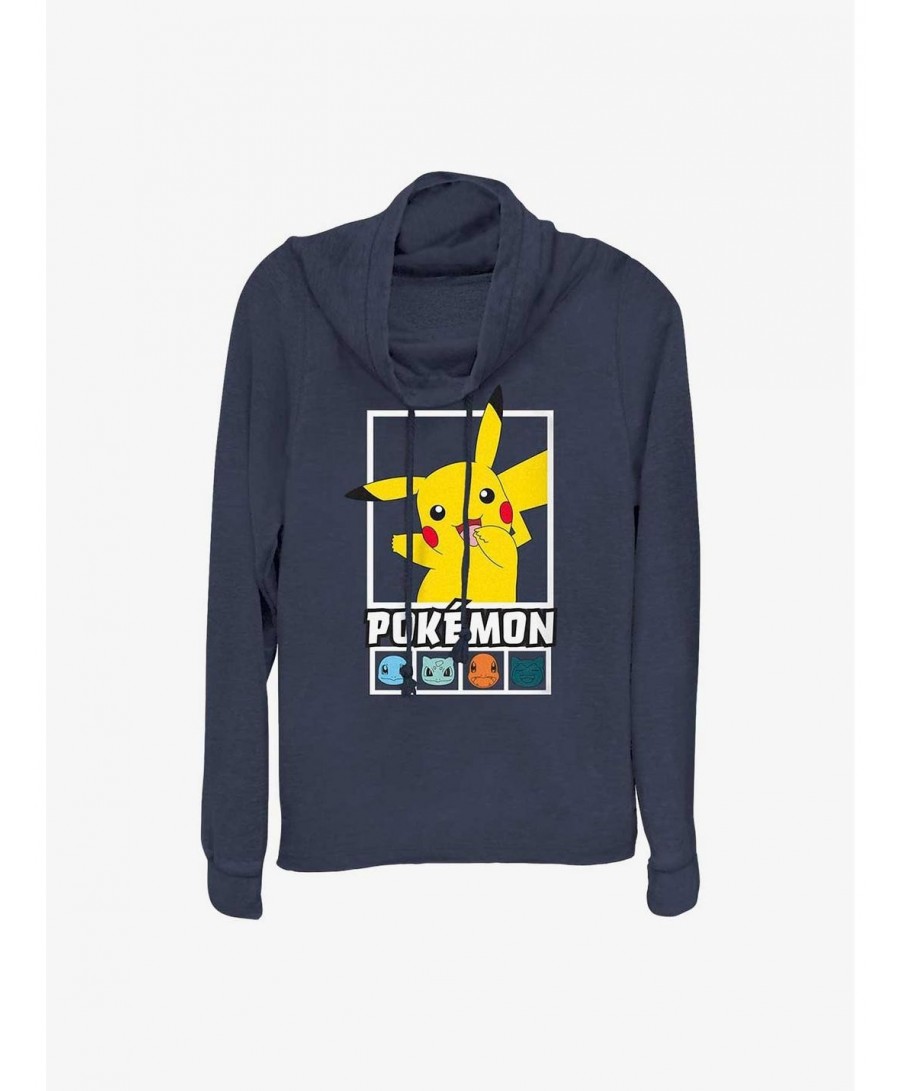 Flash Sale Pokemon Battle Lineup Pikachu, Squirtle, Bulbasaur, Charmander, & Snorlax Cowl Neck Long-Sleeve Top $14.46 Tops