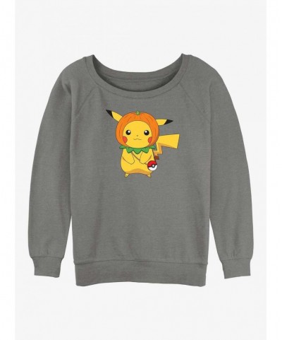 Cheap Sale Pokemon Pumpkin Hat Pikachu Girls Slouchy Sweatshirt $11.37 Sweatshirts