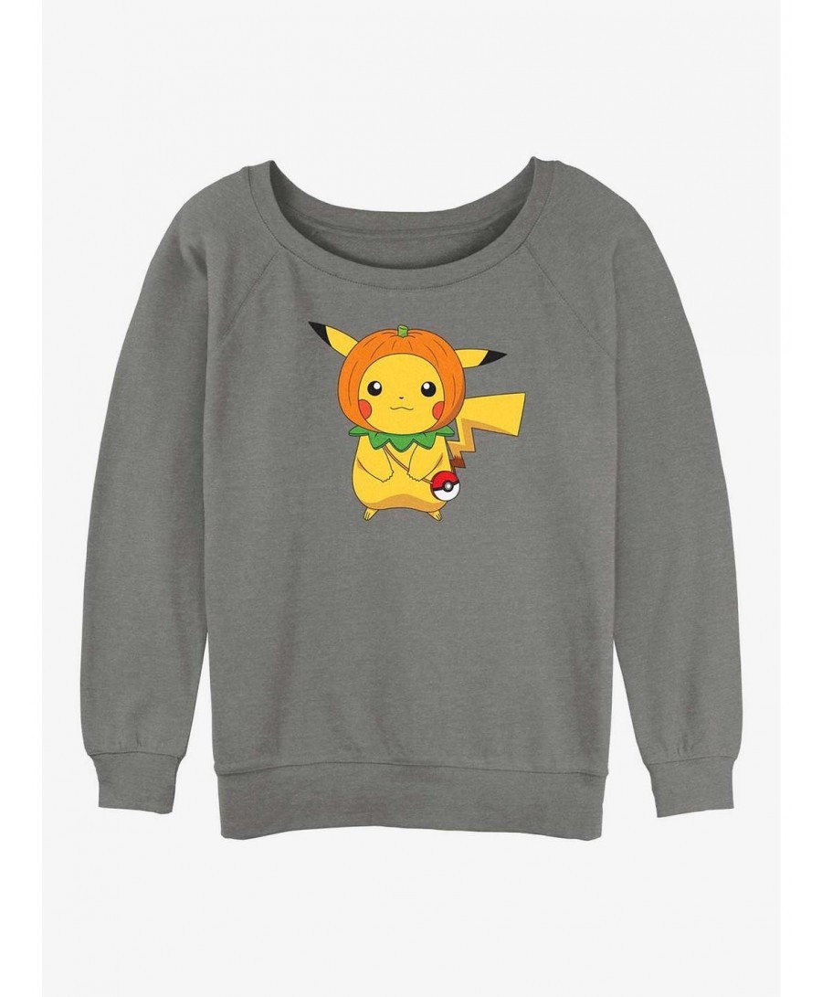 Cheap Sale Pokemon Pumpkin Hat Pikachu Girls Slouchy Sweatshirt $11.37 Sweatshirts