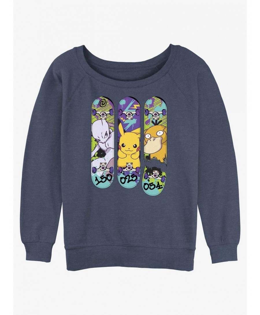 Absolute Discount Pokemon Mewtwo, Pikachu, and Psyduck Skateboard Deck Art Slouchy Sweatshirt $8.01 Sweatshirts