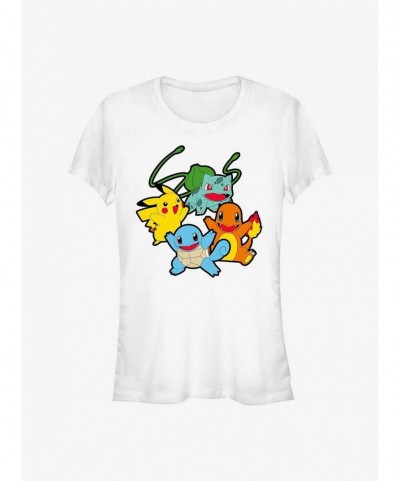 Discount Pokemon Classic Group Bulbasaur, Pikachu, Charmander, and Squirtle Girls T-Shirt $7.32 T-Shirts