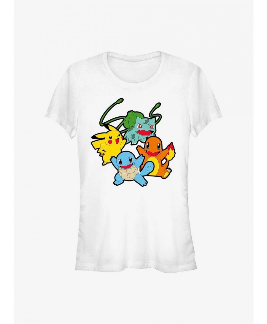 Discount Pokemon Classic Group Bulbasaur, Pikachu, Charmander, and Squirtle Girls T-Shirt $7.32 T-Shirts