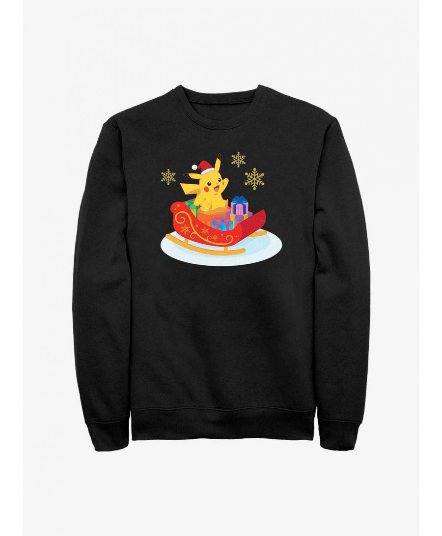 Discount Sale Pokemon Pikachu Sleigh Ride Sweatshirt $8.52 Sweatshirts